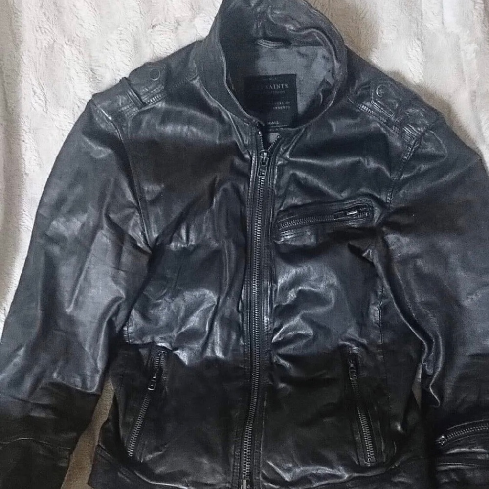 AllSaints Leather ‘Caldwell’ Biker Jacket Size UK Small Black Autumn Winter - Picture 11 of 12